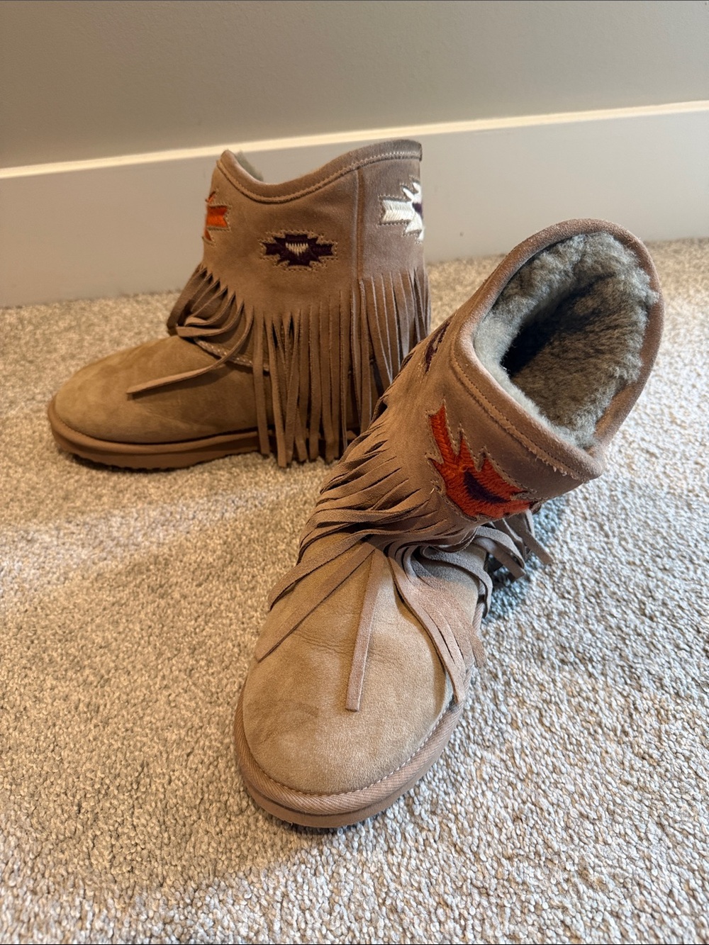 Fringed Suede Ankle Boots in Light Brown with Embroidered Accents